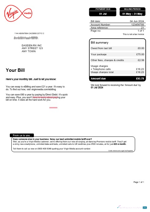 Download United Kingdom Virgin Media business utility bill, Word and PDF template Photoshop template